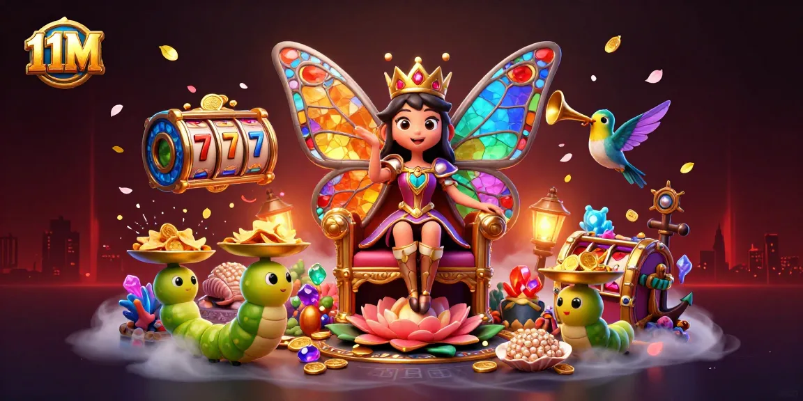 Engage with 11M's dynamic casino experience featuring a butterfly queen, gem treasures, and vibrant slot elements.
