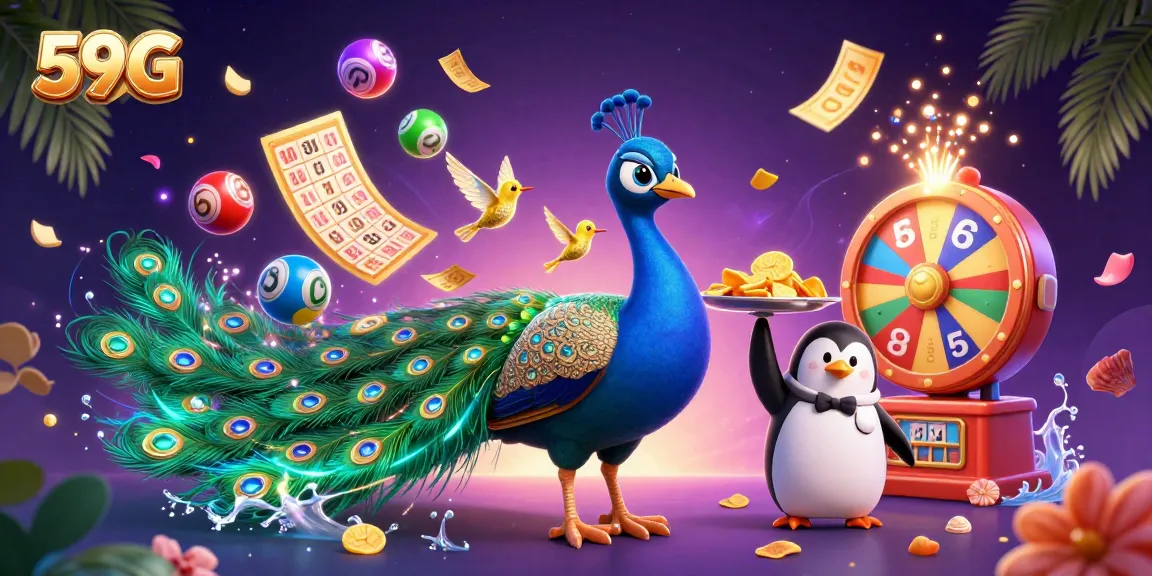 Experience the thrilling excitement of 59G with a vibrant digital illustration of a peacock, chips, and lottery elements.