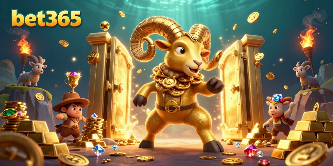 Experience the thrill of betting with bet365, illustrated by a charging golden ram amidst vibrant casino elements.