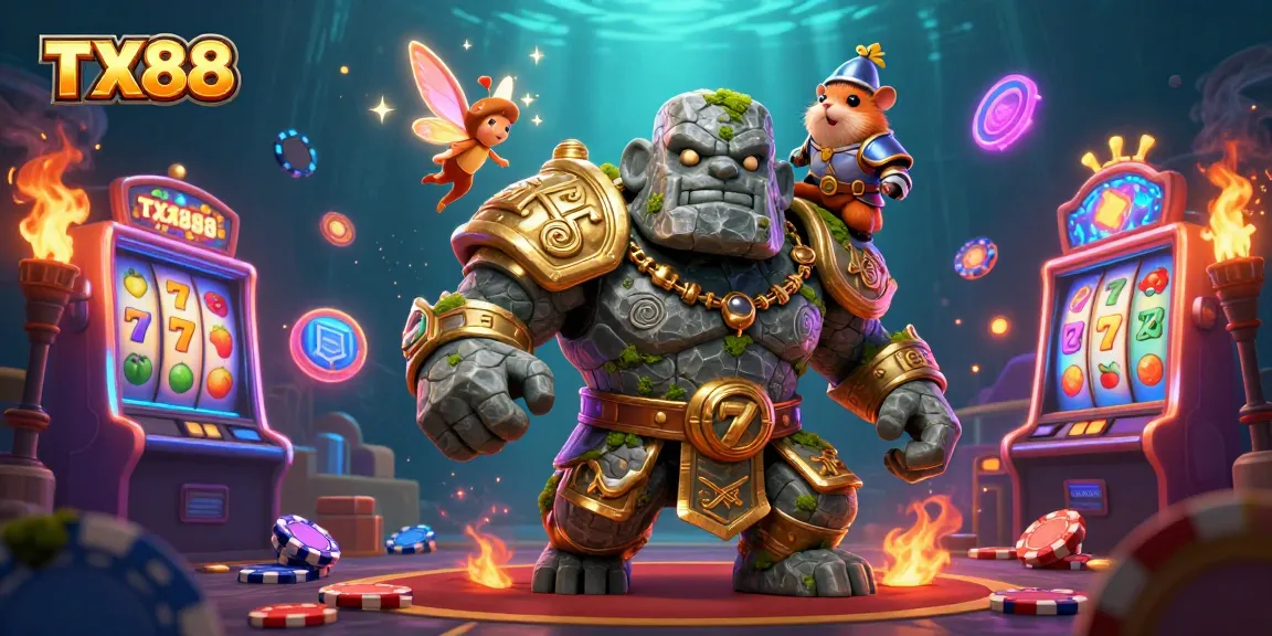 Play the TX88 slot game featuring a magical golem, fairy, and hamster knight for big wins.