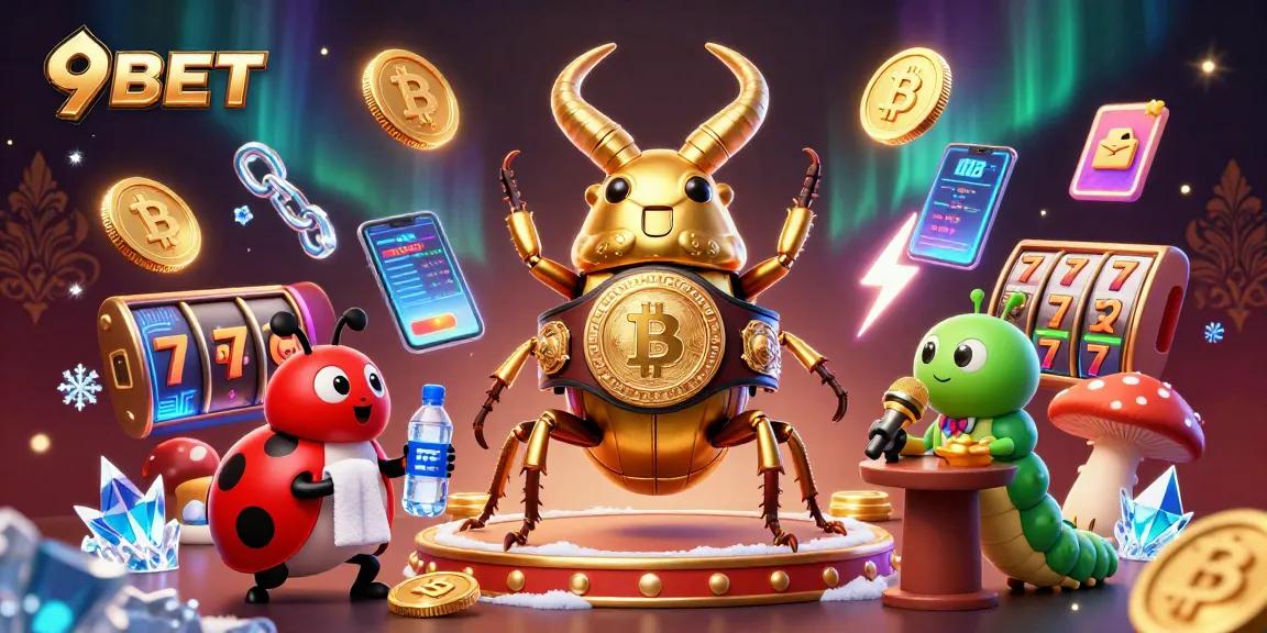 Engage with the 9BET golden stag beetle boxing champion in a vibrant casino illustration packed with slot game action.