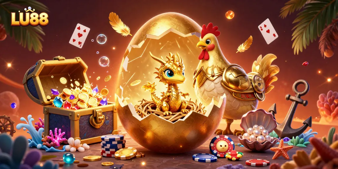 Engage with LU88's thrilling gaming experience featuring a golden dragon, poker chips, and vibrant casino elements.