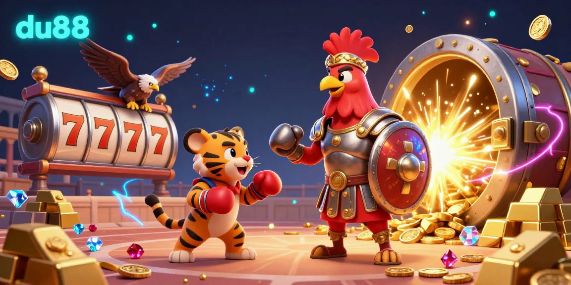 Engage in thrilling du88 gaming with a vibrant 3D illustration showcasing a rooster gladiator amidst rich casino elements.