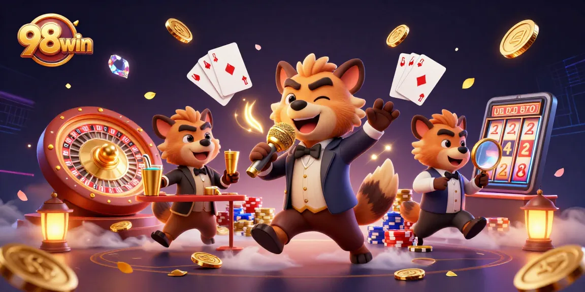 98win hyenas entertain in a vibrant casino scene filled with gold coins and lively game elements.