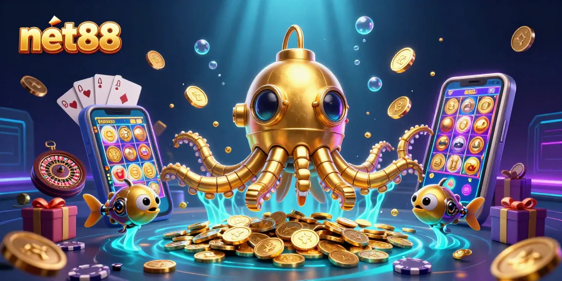 Experience exciting gaming with net88 amid a dynamic 3D casino scene filled with golden coins.