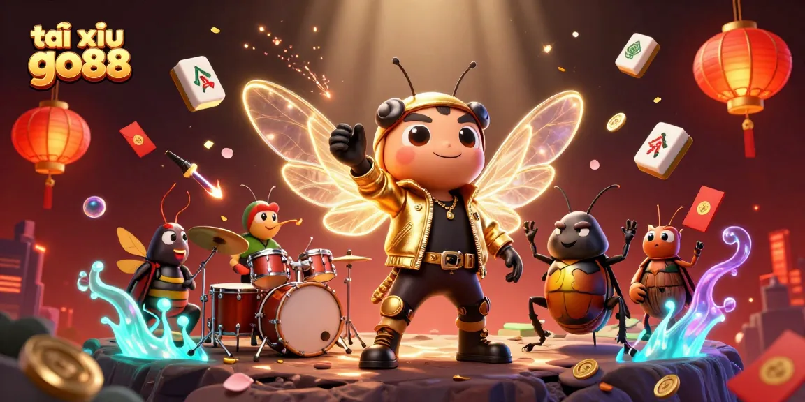 Engage with tài xỉu go88 as you follow a lively cicada rock star in a vibrant casino scene.