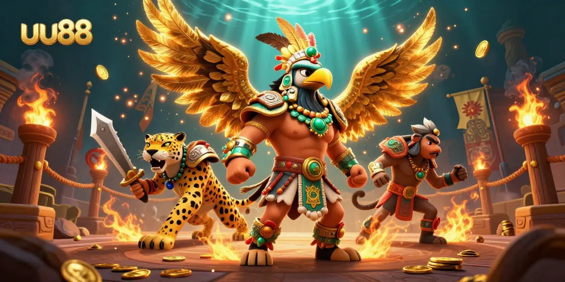 Experience thrilling bets and jackpots at uu88, depicted in a lively 3D casino scene with vibrant warriors and exciting elements.