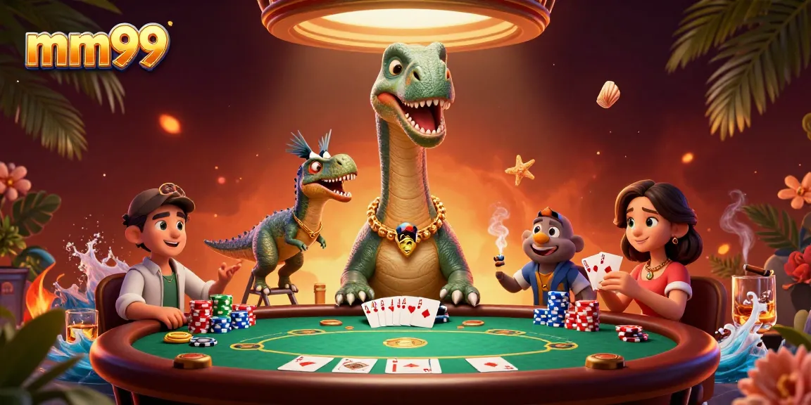 Experience the excitement at mm99 casino with a vibrant card dealing scene featuring a cartoon brontosaurus.