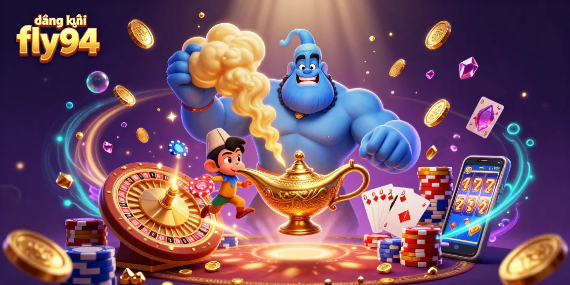 Engage with the vibrant world of đăng ký fly94 filled with a blue genie, poker chips, and dazzling casino elements.