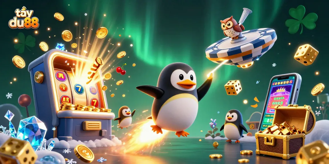Experience thrilling gameplay at tại du88 with a vibrant 3D illustration showcasing a golden penguin in a dynamic casino scene.
