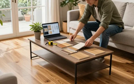 Compare laminate and engineered flooring options in a cozy living room, showcasing samples and inviting ambiance.