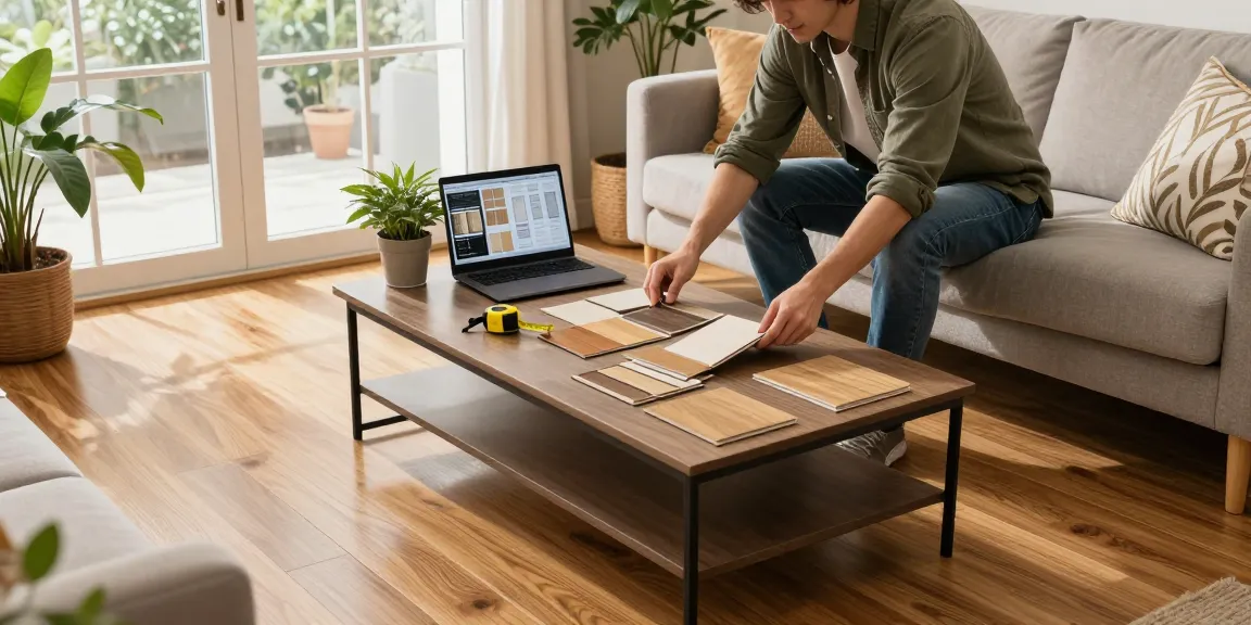 Compare laminate and engineered flooring options in a cozy living room, showcasing samples and inviting ambiance.