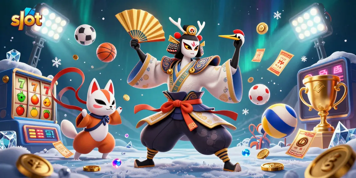 Engage with exciting slot action featuring kabuki warriors and vibrant jackpot symbols in this dynamic 3D illustration