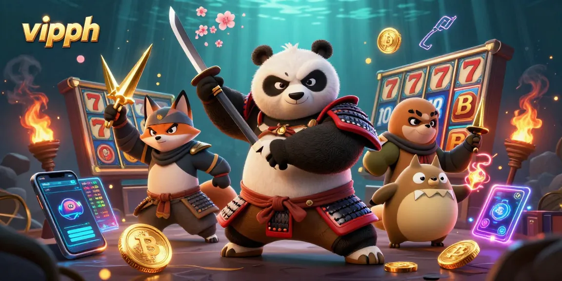 Spin the reels at vipph with a fierce panda samurai, ninja fox, and magical tanuki in an action-packed casino scene.