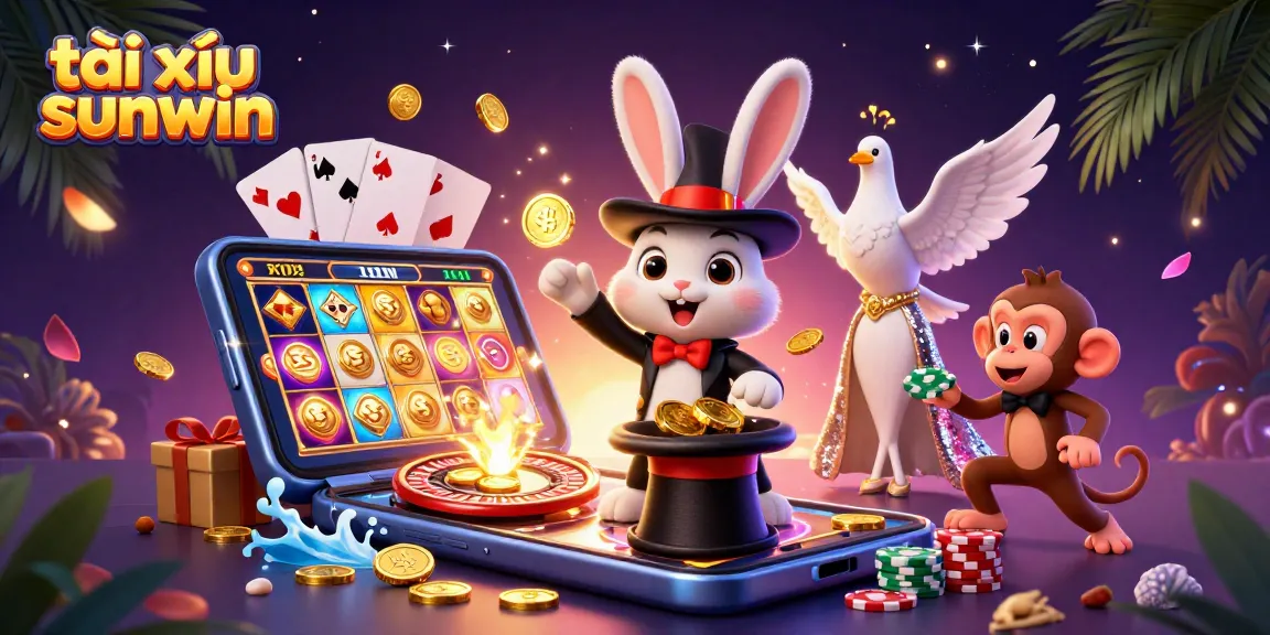 Experience the excitement of tài xỉu sunwin with a magician, dove, and monkey surrounded by casino elements.
