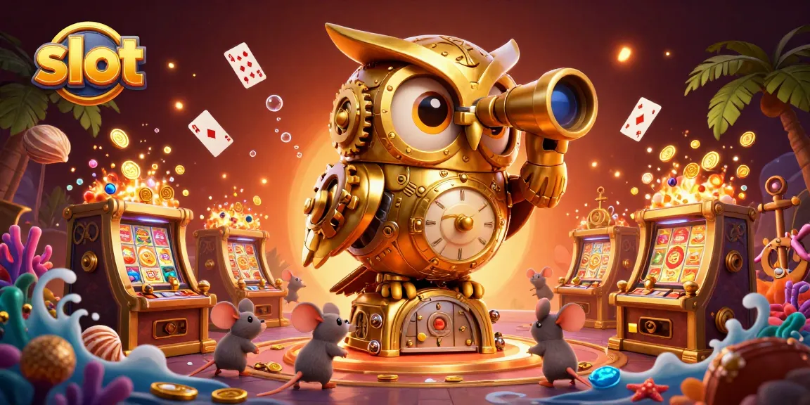 Spin the slot machines featuring a clockwork owl, treasure, and vibrant colors in this dynamic casino scene.