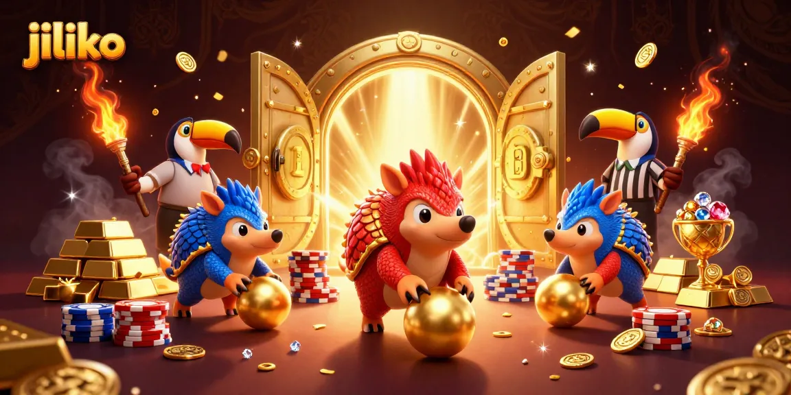jiliko's thrilling pangolin competition rolls through golden poker chips with vibrant jewels raining down