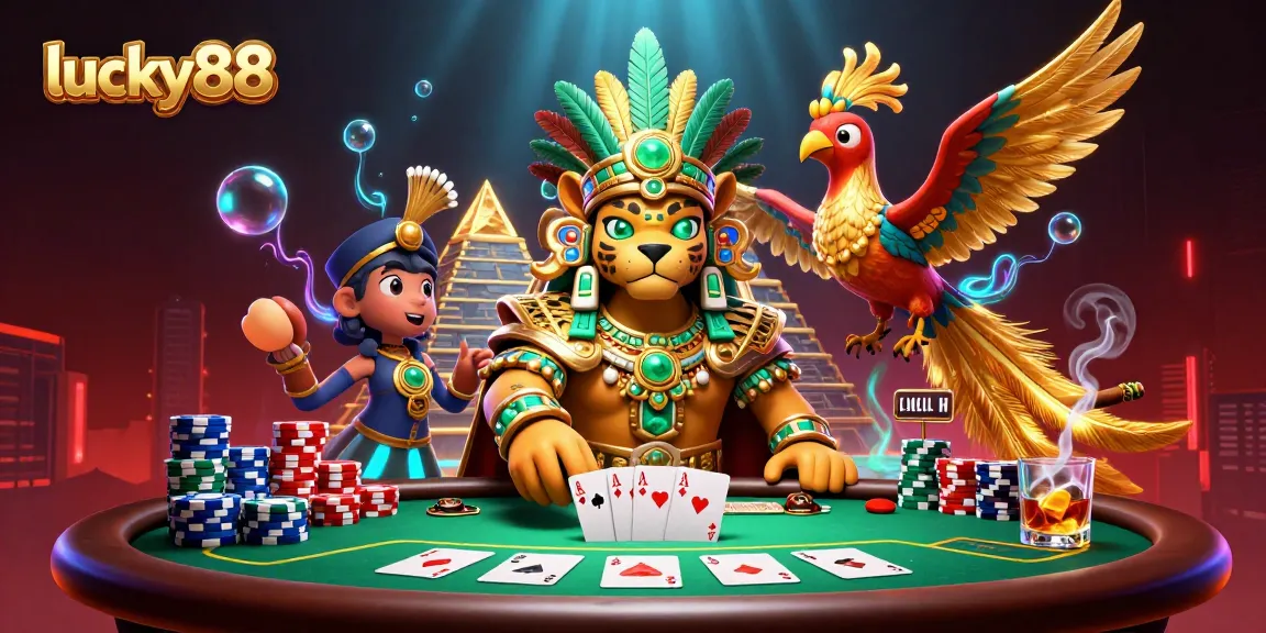 Engage with lucky88 as the Mayan jaguar priest plays poker amidst vibrant casino elements.