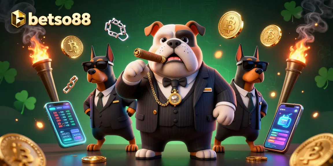 Betso88 showcases thrilling gameplay with exclusive crypto rewards, featuring a mafia boss and Dobermans in a vibrant casino