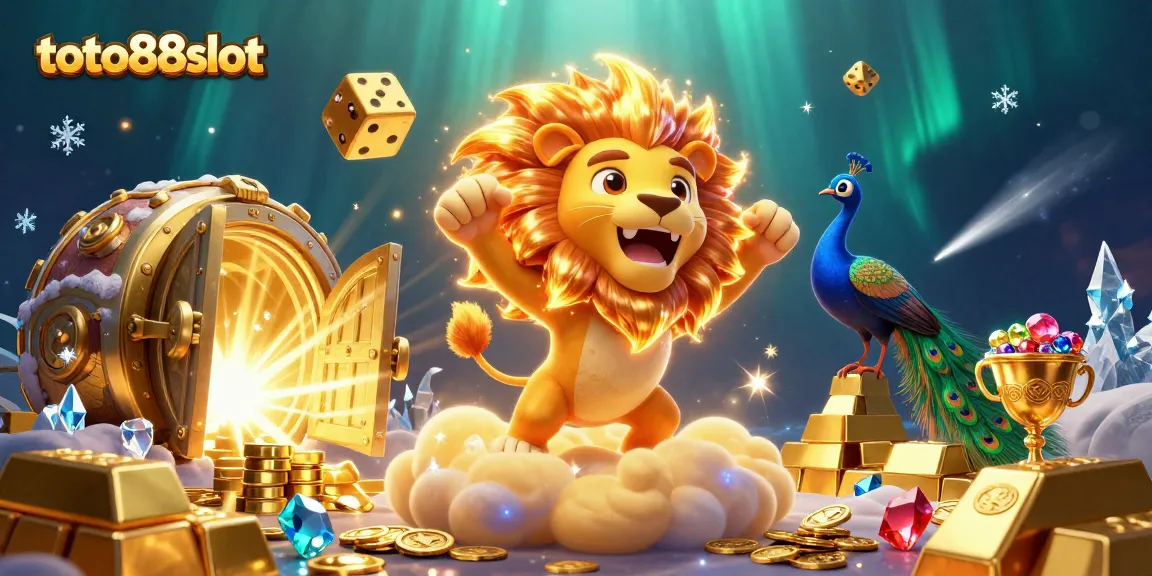 Experience exciting wins at toto88slot with a roaring lion and stunning treasures in a vibrant casino scene.