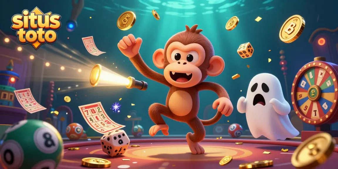 Situs toto gaming scene showcasing a mischievous monkey juggling golden coins and lottery elements in a vibrant casino.