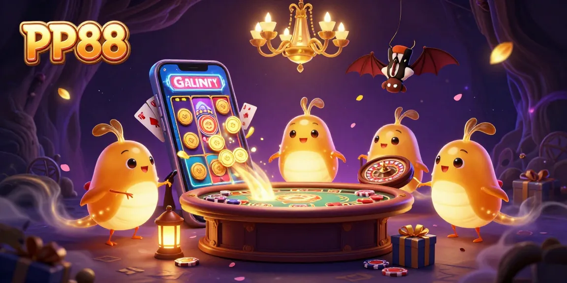 Engage with PP88's vibrant online casino experience featuring colorful slots and enchanting glowworm characters.