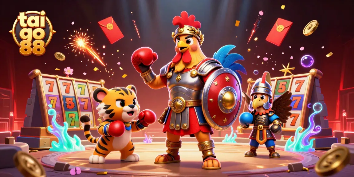 Experience the thrilling action at tai go 88 with a dynamic 3D scene of a gladiator rooster and engaging casino elements.