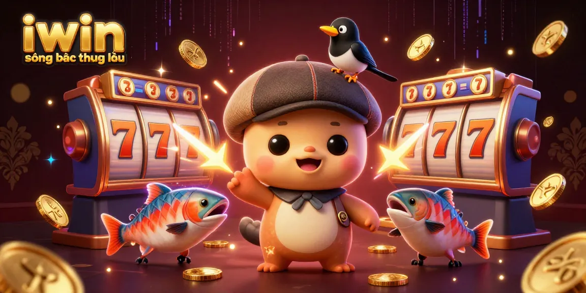 Experience the thrill of iwin sòng bạc thượng lưu with vibrant 3D characters amidst slot reels and coins.