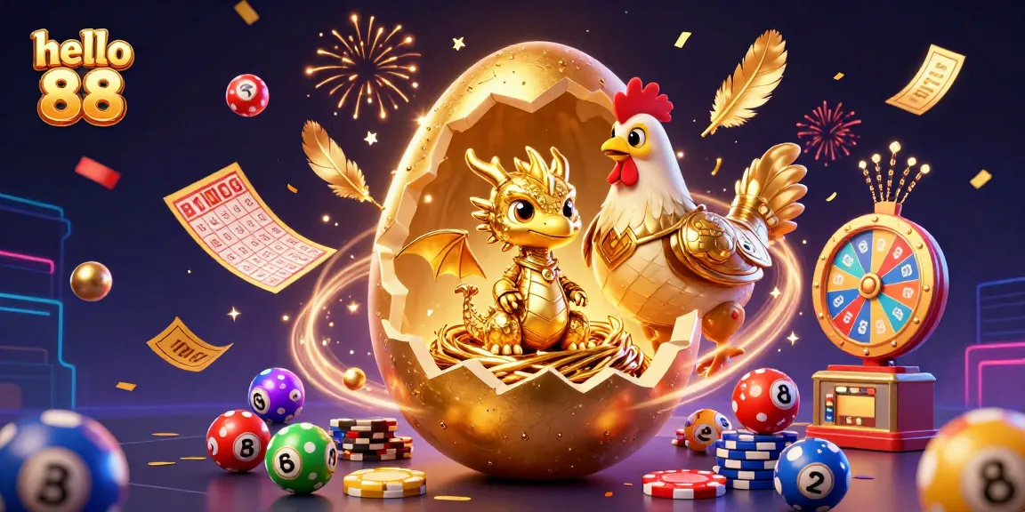 Experience the excitement of hello 88 with a vibrant display of golden dragons, poker chips, and thriving lottery elements!