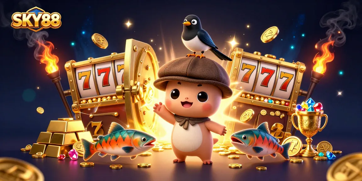 Spin and win big with fun characters in this vibrant SKY88 casino illustration!