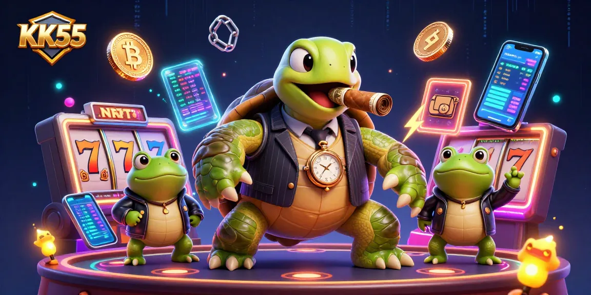 Capture thrilling moments at KK55 with a colorful scene of gaming excitement, featuring vibrant slot reels and cartoon characters.