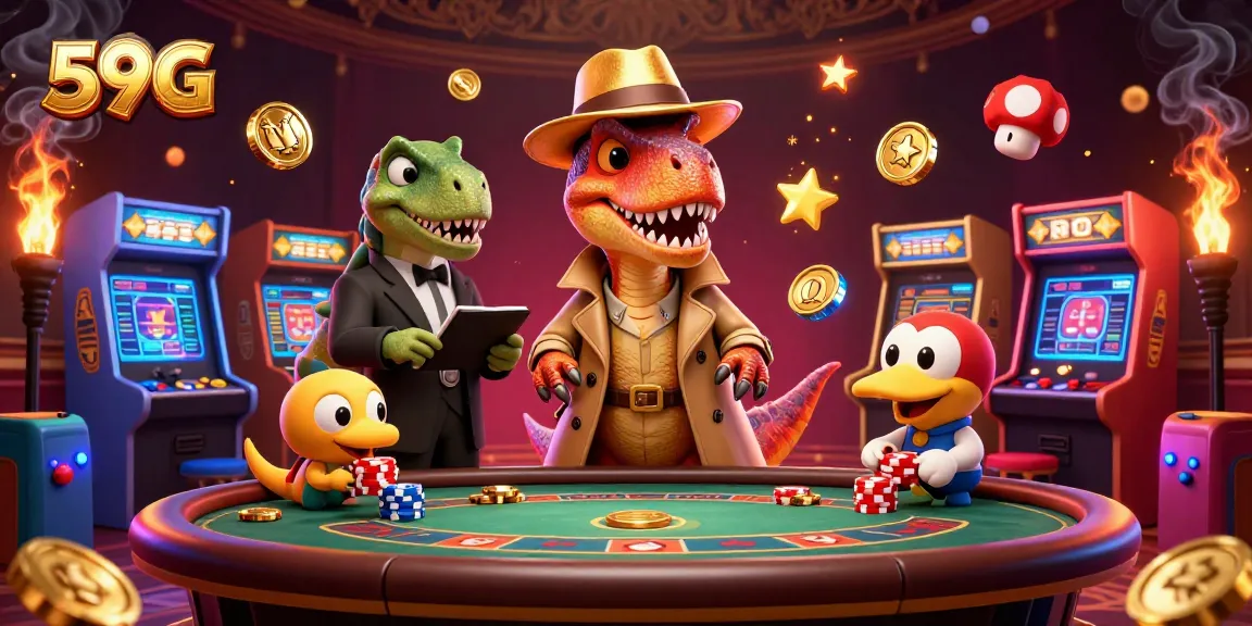 Experience 59G casino excitement with a velociraptor card counter and stegosaurus pit boss in a vibrant scene.