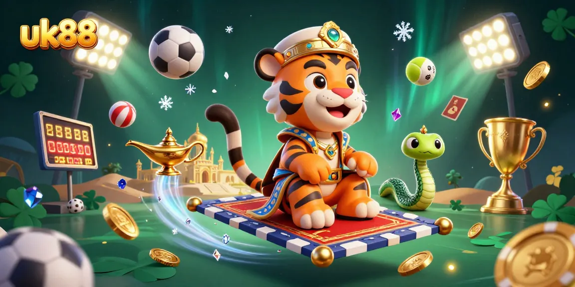 Experience the thrill of winning with uk88's vibrant 3D casino illustration, showcasing dynamic sports betting elements.