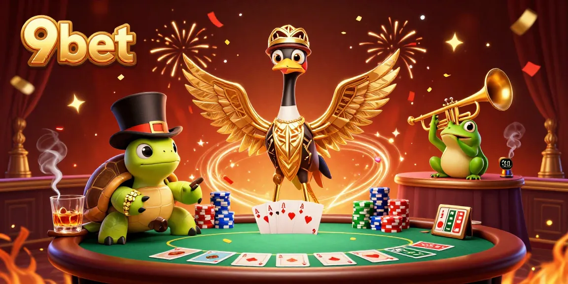 Experience thrilling action at 9bet with poker games and vibrant characters in a lively casino scene.