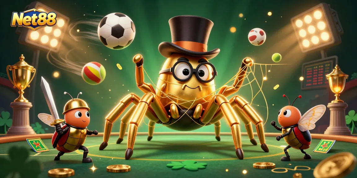 Engage with Net88's vibrant gambling scene featuring dynamic characters and sports betting elements.