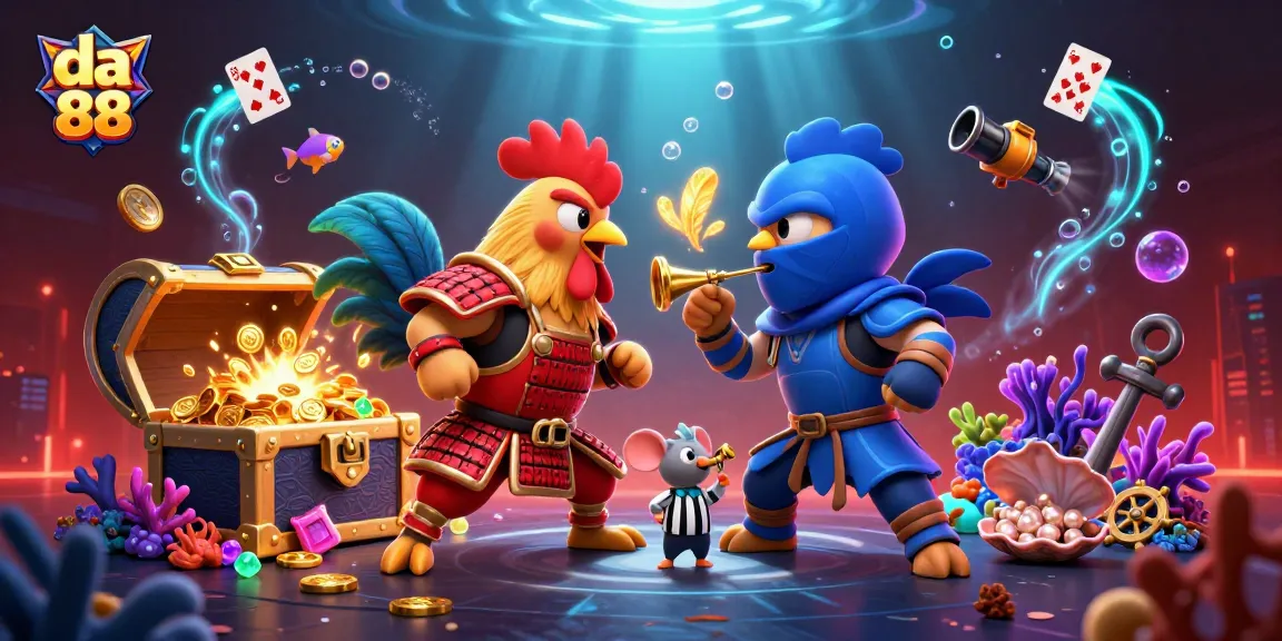 Experience excitement with da 88 as fighting roosters clash in a colorful casino-themed showdown.