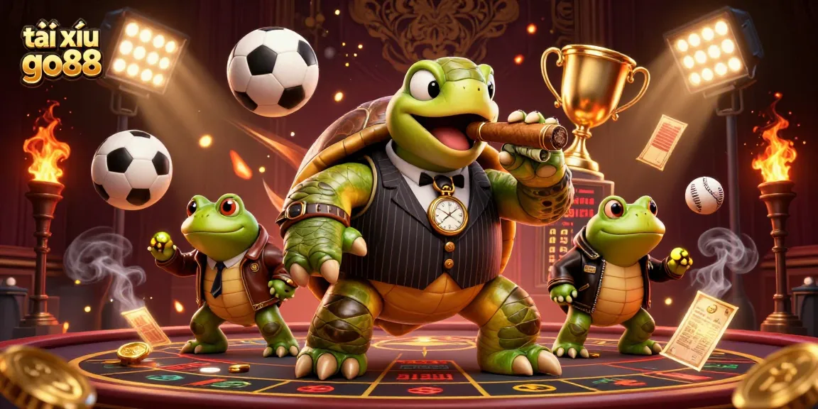 Engage in tài xỉu go88 with a scene showcasing a snapping turtle in a mobster suit surrounded by sports betting elements.