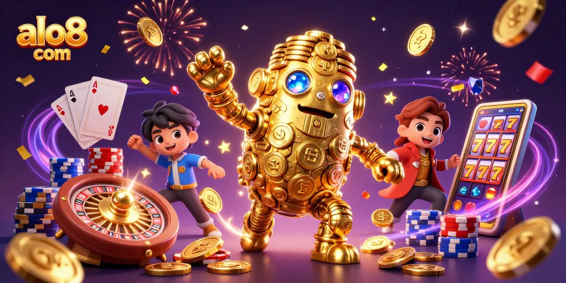 Engage with the thrilling world of online gaming at alo8 com featuring a golden golem surrounded by coins and casino elements.