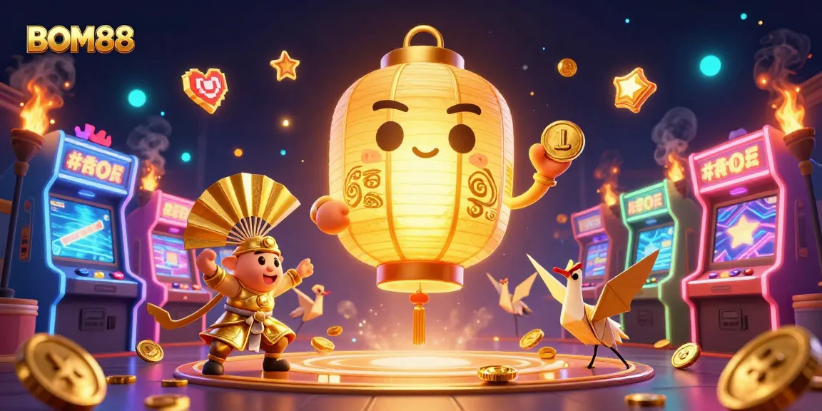 BOM88 unleashes vibrant gameplay with golden lanterns and winning symbols in a casino scene.