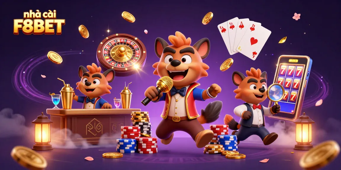 Enjoy thrilling games at nhà cái F8BET while laughing with cartoon hyenas in a vibrant casino scene.