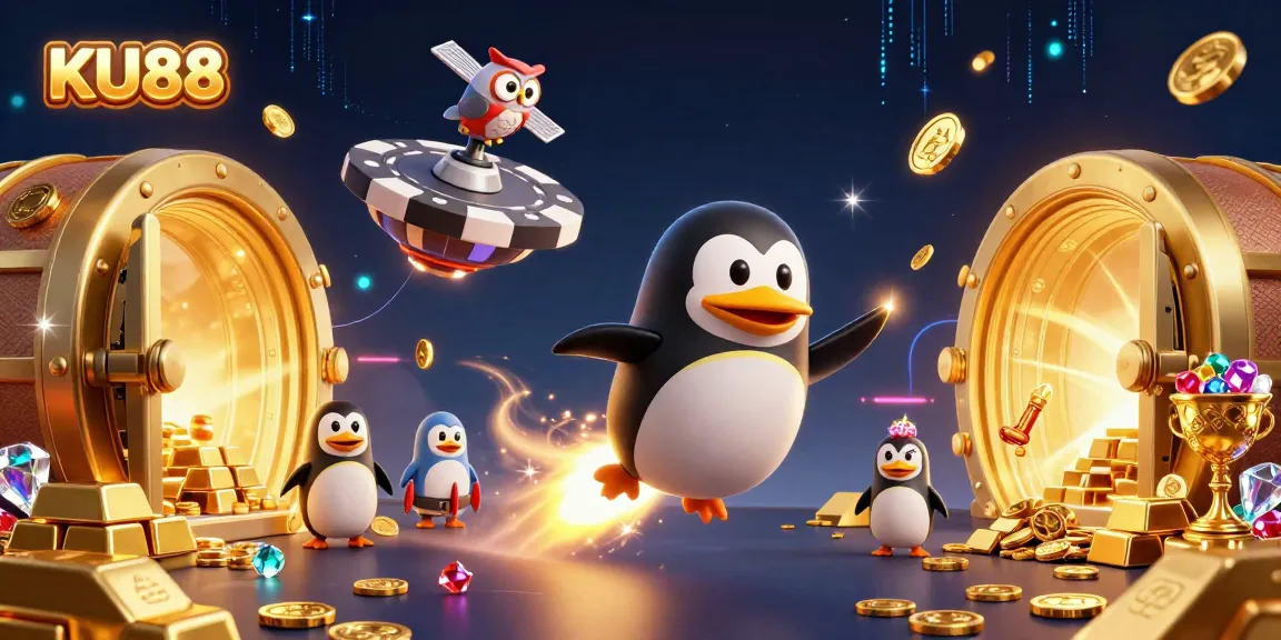 Experience the excitement of KU88 with a thrilling casino-themed space adventure featuring a penguin and treasures.