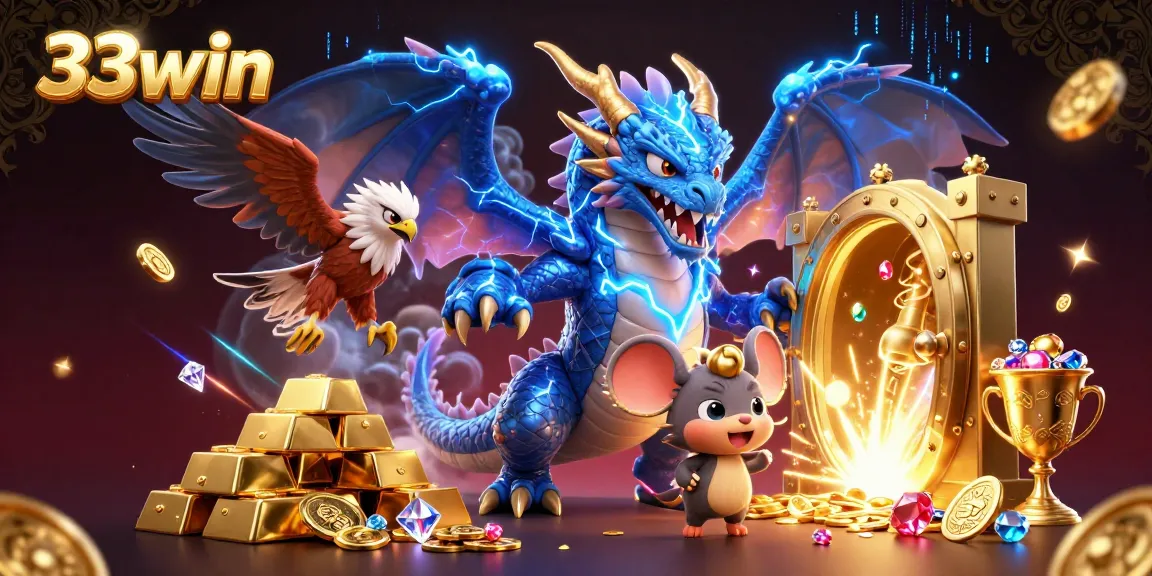 Experience the excitement of 33win's vibrant gaming world with colorful character illustrations and dazzling treasures.