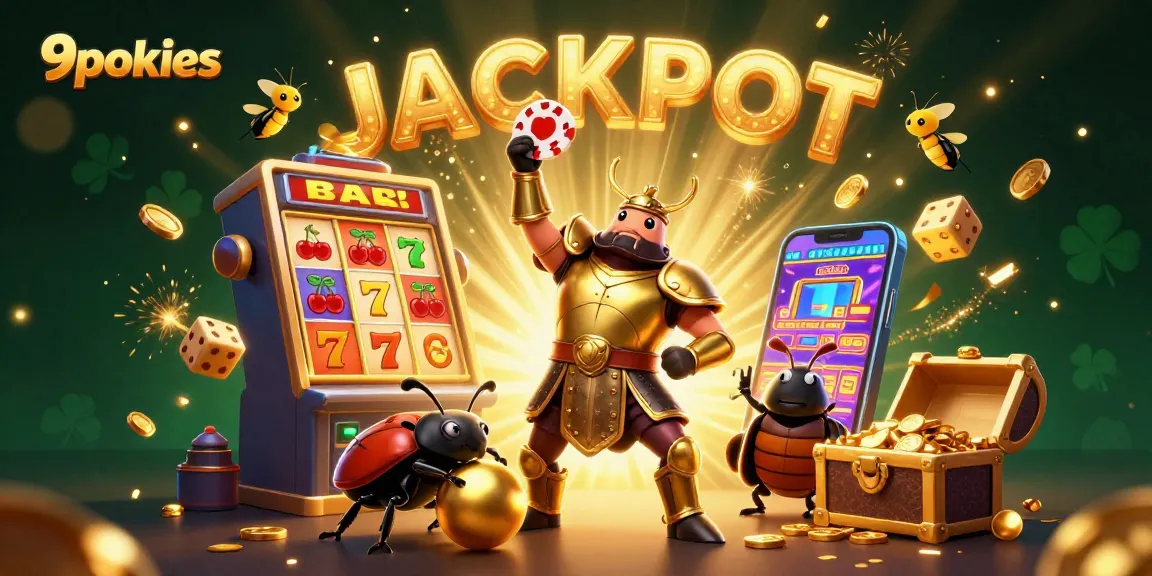 Join 9pokies to celebrate a big win featuring a heroic beetle in a vibrant casino scene.