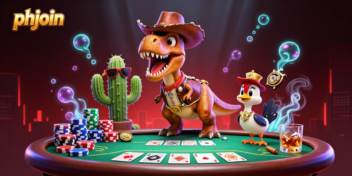 Experience thrilling poker excitement with phjoin at a vibrant casino scene featuring a T-Rex and friends