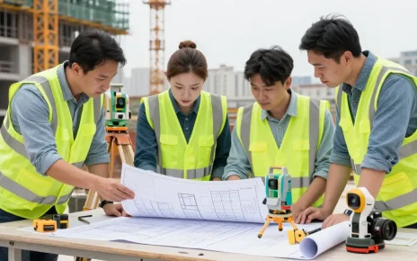 Surveyors as we all surveys collaborate on building projects with precise equipment at urban site.