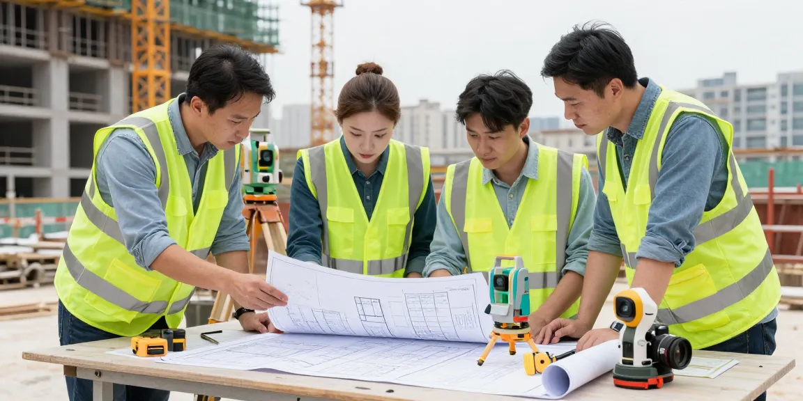 Surveyors as we all surveys collaborate on building projects with precise equipment at urban site.