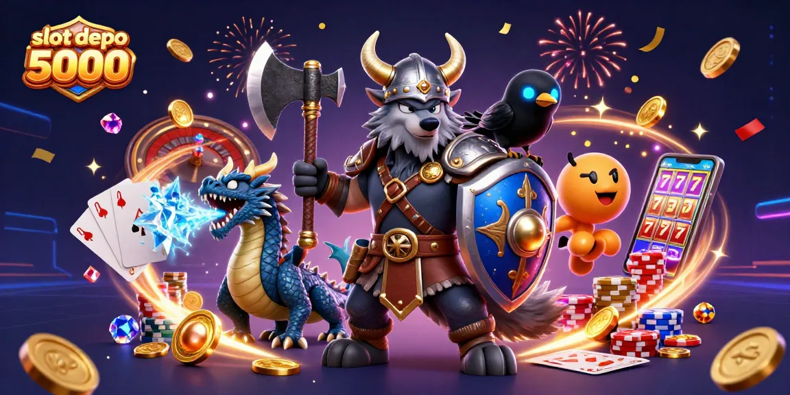 Experience slot depo 5000 gameplay with a Viking warrior, dragon, and glowing raven amidst fantastic casino elements.