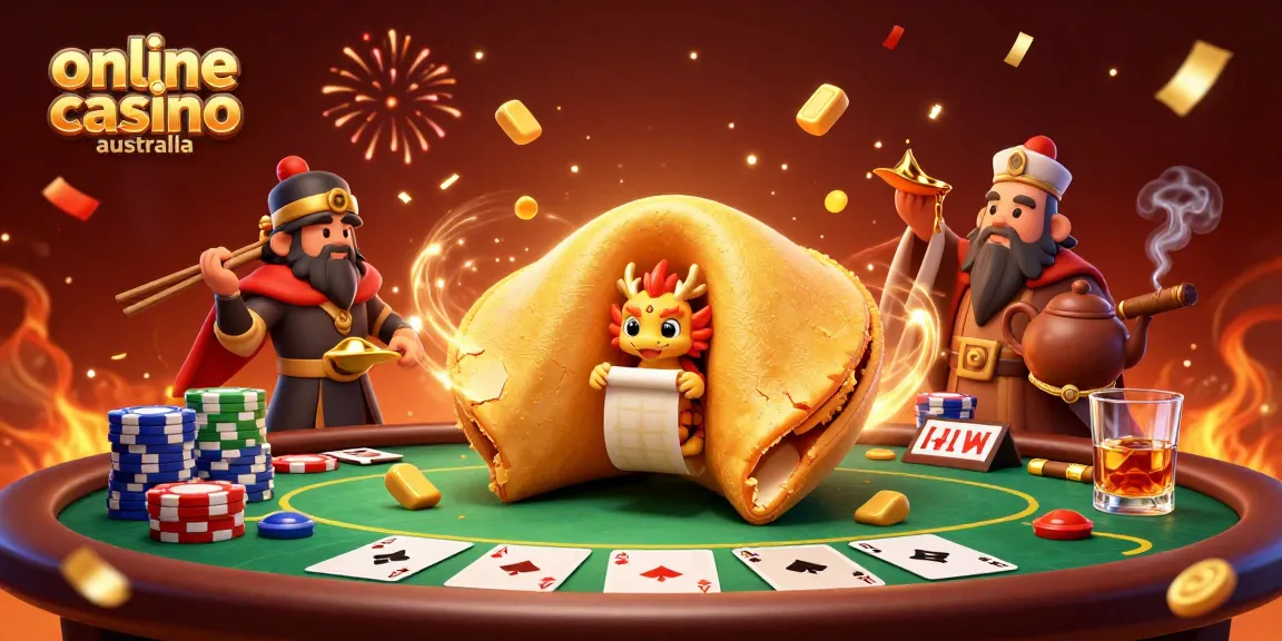 Engage with online casino Australia featuring dynamic character illustration of poker elements.