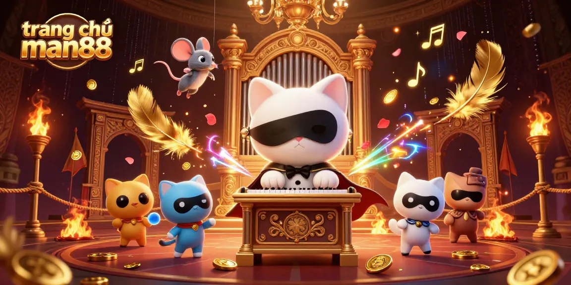 Engage with the vibrant scene of trang chủ man88 featuring a whimsical casino, filled with golden coins and musical notes.