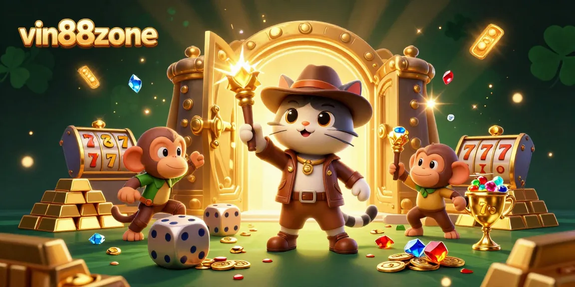 Win jackpots with vin88zone, featuring a 3D explorer cat and treasure in a lively casino scene.